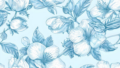 Obraz premium Blue Floral Illustration Seamless Pattern Background