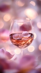 Elegant glass of rosé wine with flower petals on a soft background at a social gathering
