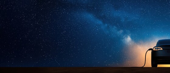 Electric Vehicle Charger Market concept. Electric vehicle charging under a starry night sky.