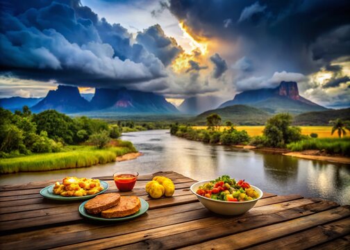 Dramatic Venezuelan Tepuy Landscape: Kukenan Mountain, Tok River, Stormy Weather
