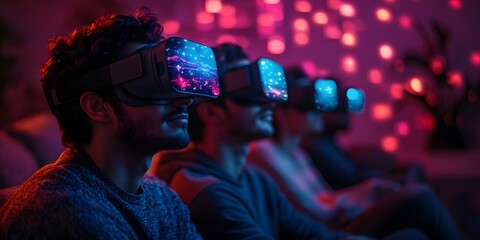 A group of friends in a living room, wearing VR headsets, immersed in a glowing grid of a futuristic virtual world. The scene is vibrant and exciting, ideal for showcasing VR technology.
