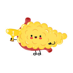Cute funny Pancreas hold gold trophy cup. Vector hand drawn cartoon kawaii character illustration icon. Isolated on white background. Pancreas with winner trophy cup