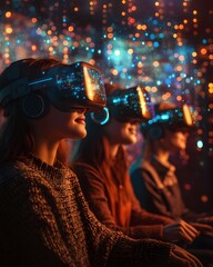 A group of friends in a living room, wearing VR headsets, immersed in a glowing grid of a futuristic virtual world. The scene is vibrant and exciting, ideal for showcasing VR technology.