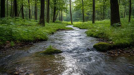 Obraz premium Photography of a lush, green forest with thick moss covering tree trunks and rocks, and small streams winding through the undergrowth, radiating tranquility and untouched nature.