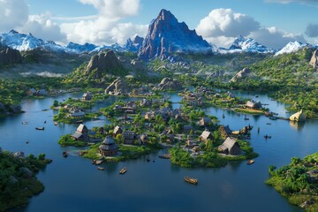 Serene lakeside village nestled amidst majestic mountains