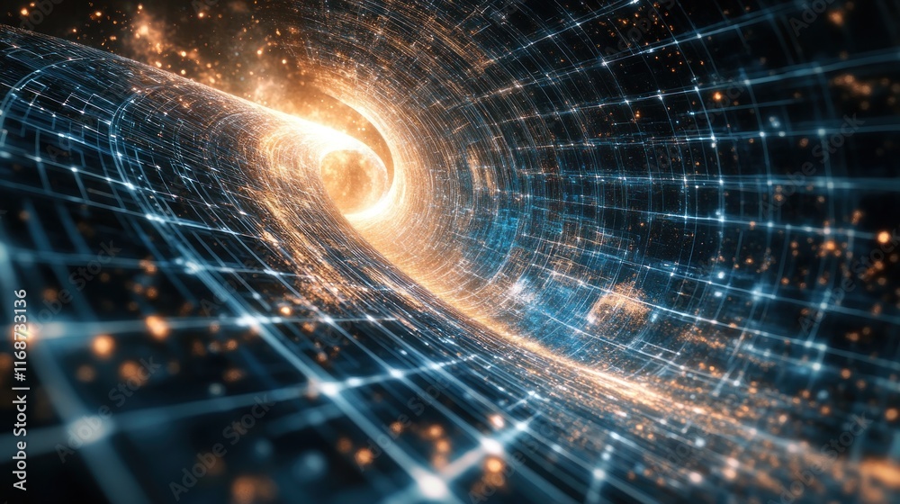 Poster A cosmic tunnel with glowing particles and a grid structure, representing a wormhole.