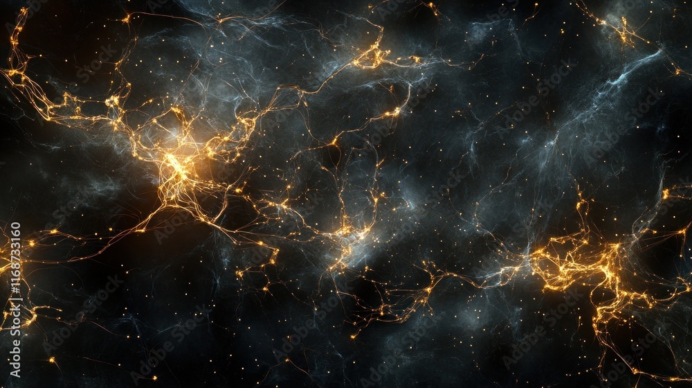 Poster A cosmic visualization depicting intricate structures of the universe with glowing elements.