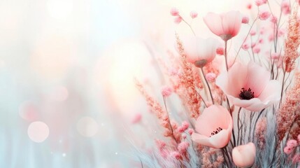 Delicate blush pink flowers, soft dreamy bokeh background. Romantic floral art.