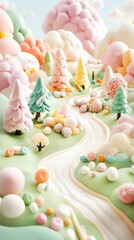 Whimsical pastel candy landscape.  A dreamy scene of sculpted sugar trees, pastel eggs, and a candy river. Perfect for Easter, spring, or dessert themes.