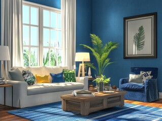 Bright Living Room With Blue Walls And Comfortable Sofa