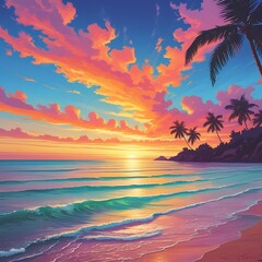 Tropical Beach Sunset with Vibrant Colors