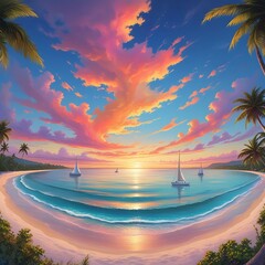 Tropical Beach Sunset with Vibrant Colors