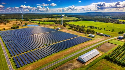 Naklejka premium Drone View: Australian Hybrid Energy Facility – Solar & Wind Power in Bannister, NSW