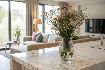 Fototapeta premium A modern living space with a marble countertop, wildflowers, and warm natural light from a large window. Cozy and stylish