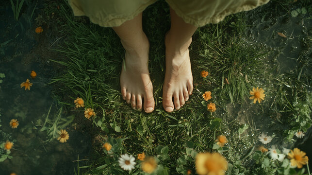 rooting feet in nature. barefoot on grass. grounding earthing down to earth