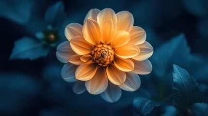 Vibrant orange flower illuminated by soft light amidst dark green leaves in a serene garden setting