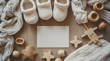 A cozy arrangement featuring baby booties, wooden toys, and a blank card for a welcoming message.