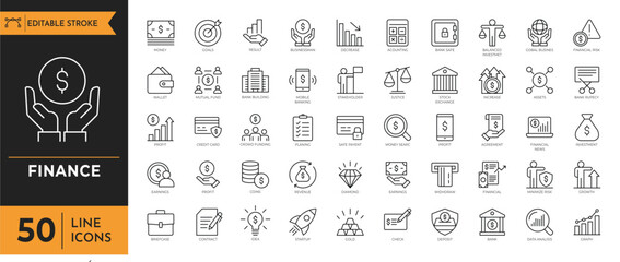 Finance icon set. Containing money, banking, accounting, Investment, income, loan, audit, financial and more. 