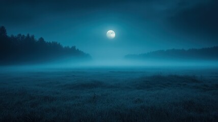 Fototapeta premium Mystical full moon over foggy meadow nature scene nighttime landscape atmospheric viewpoint
