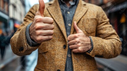 Close-up of man giving thumbs up, outdoors.