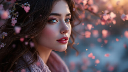 Fototapeta premium Woman Surrounded by Blossoming Flowers in a Dreamy Setting