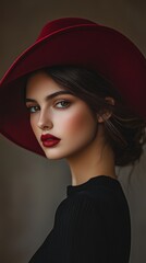 Portrait of a woman in a red hat with bold red lips and soft makeup against a neutral background
