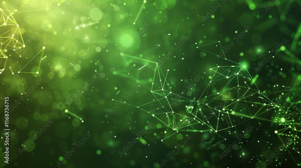 Poster banner with green abstract background with a network grid and particles connected. sci-fi digital te