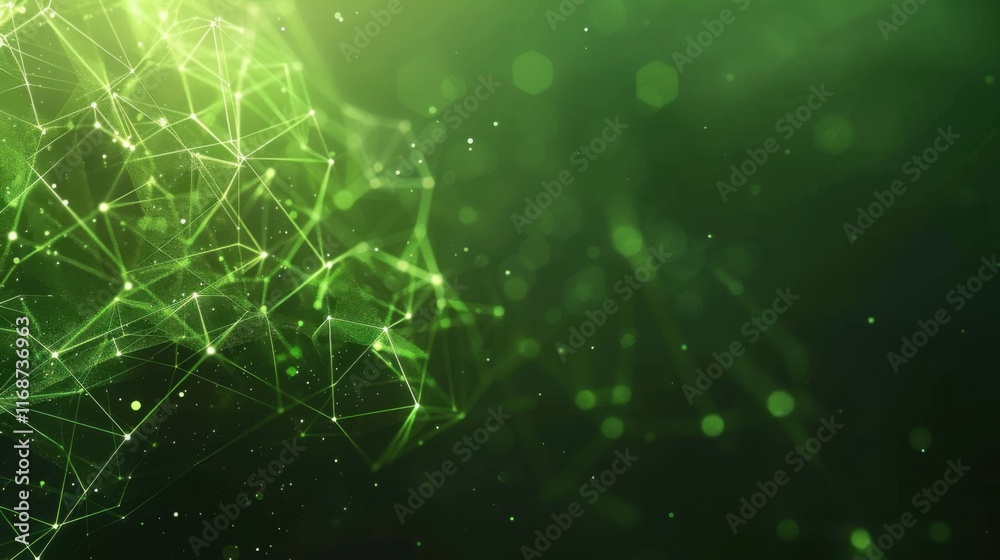 Poster banner with green abstract background with a network grid and particles connected. sci-fi digital te