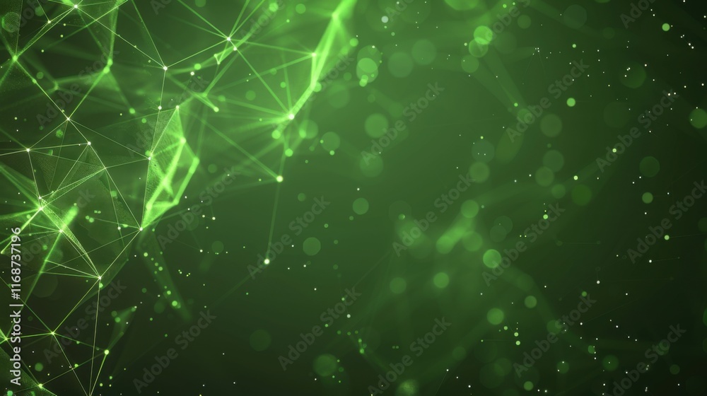 Poster Banner with green abstract background with a network grid and particles connected. Sci-fi digital technology with line connect network and data graphic background. Abstract polygonal wallpaper 