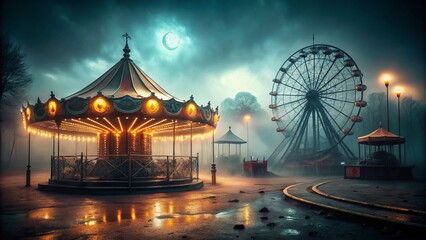 Eerie Vintage Carnival: Ghostly Halloween Fairground - Dark Minimalist Stock Photo