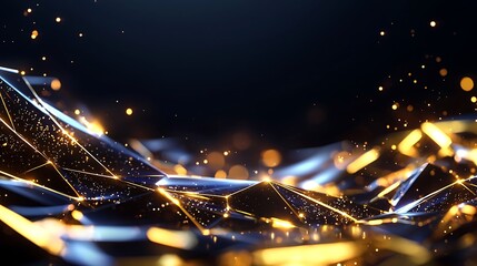 Abstract dark blue and gold geometric shapes with glowing particles.