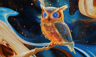 Majestic owl with fractal feathers, eyes glowing with cosmic energy, perched on a luminous tree branch 