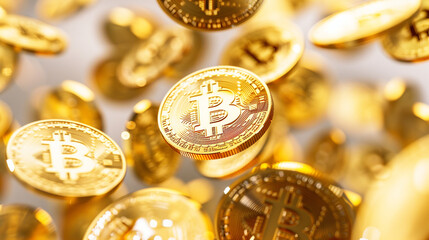 Golden Bitcoins Falling Down on Sparkling Background
