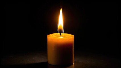 A lone candle flame illuminates the darkness, casting stark shadows against a black backdrop.