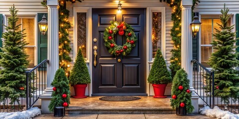 Elegant Black Front Door Holiday Decor: Wreath, Greenery, Porch