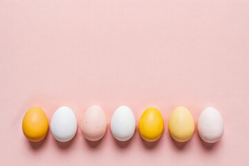 Eggs of different colors are lined up on pink background