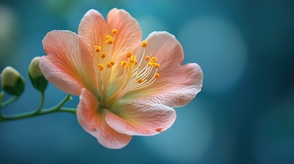 Delicate blossom showcasing soft pink petals and vibrant yellow stamens against a dreamy blue background