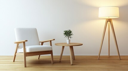 A cozy interior featuring a chair, table, lamp, and a small plant for relaxation.