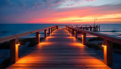 Fototapeta premium A wooden pier path, illuminated by the warm glow of LED lights, stretches out like a welcoming ribbon, offering a panoramic view of the tranquil ocean at sunset, creating a serene and enchanting atmos