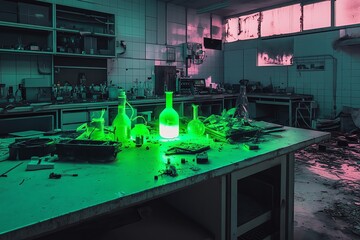 Abandoned laboratory with glowing green chemicals in glass bottles on a messy countertop.  Derelict science lab, post-apocalyptic, mysterious.