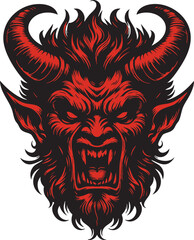 Evil Demon Head Artwork with Fiery Gaze and Devilish Features
