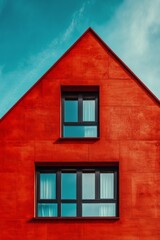 Modern architecture featuring vibrant red wall and blue windows in urban setting during daylight