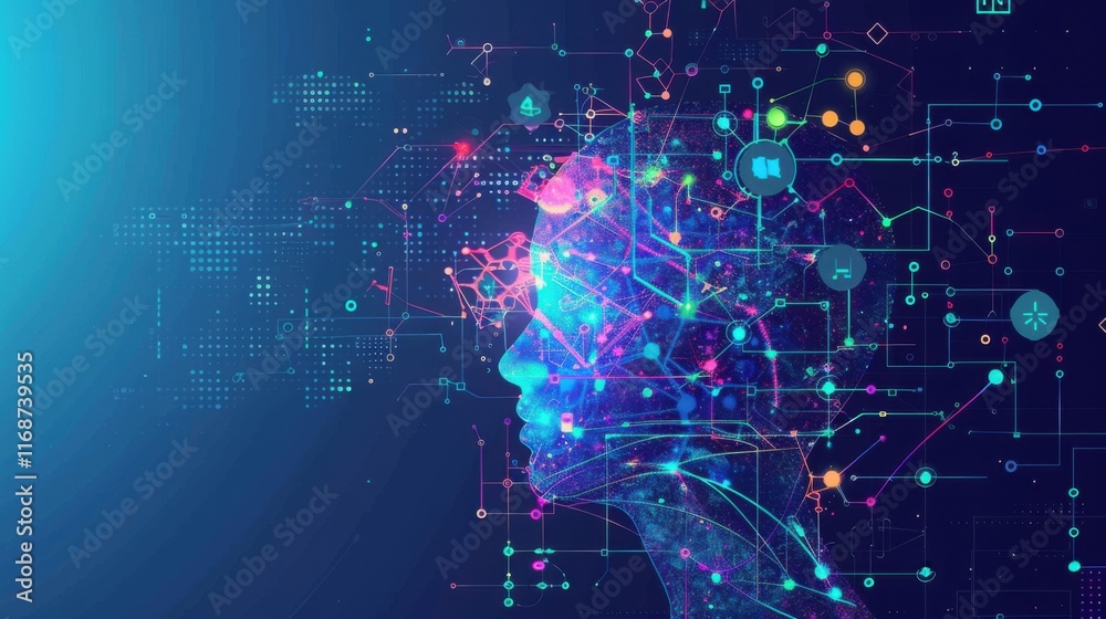 Poster Big data technology and data science illustration. Data flow concept. Querying, analyzing, visualizing complex information. Neural network for artificial intelligence. Data mining. Business analytics 