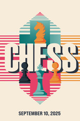 Retro style poster with text chess. Modern abstract sport background. Trendy geometric shapes.