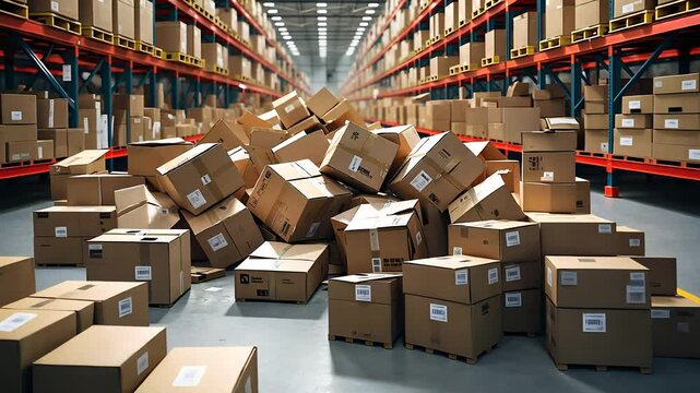 Warehouse Aisle with Stacked Shelves and Collapsed Pile of Cardboard Boxes in a Logistics Storage Facility

