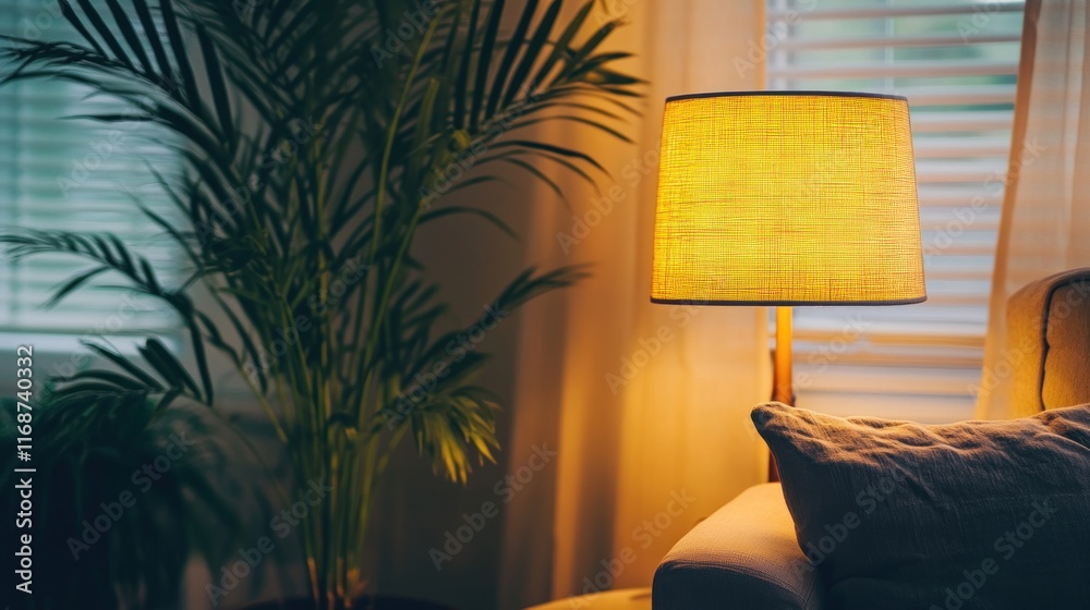 Poster a cozy living space with a warm lamp and a plant, creating a relaxing atmosphere.