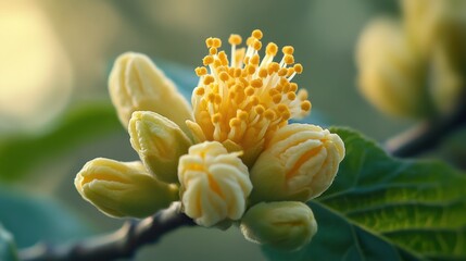 Fototapeta premium Beautiful yellow flower blooms amidst green leaves in a serene garden during daylight hours. Generative AI