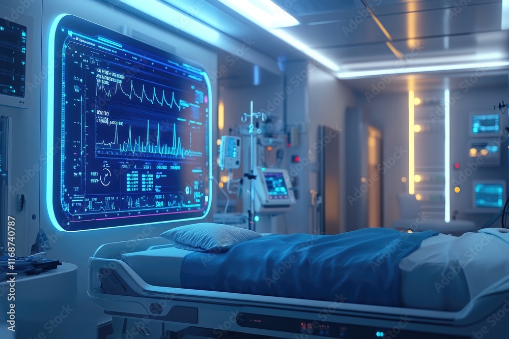 Poster empty hospital bed illuminated by screens showing vital signs in intensive care unit