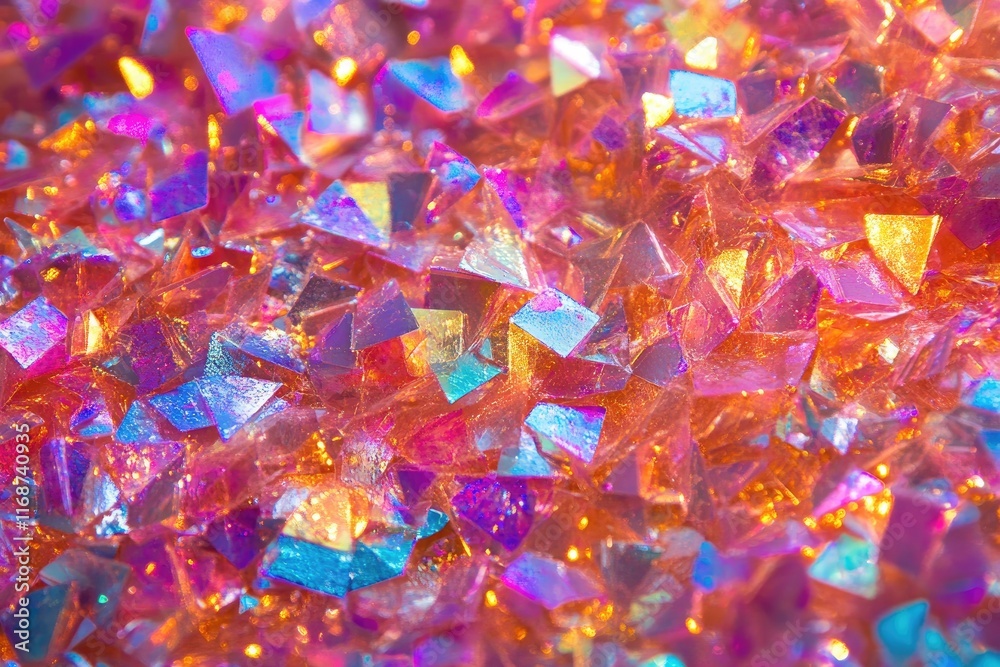 Poster macro closeup of sparkling iridescent crystal, showing vibrant colors and geometric shapes