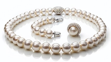 Elegant Pearl Jewelry Set: Necklace, Earrings, Bracelet, on Isolated Background
